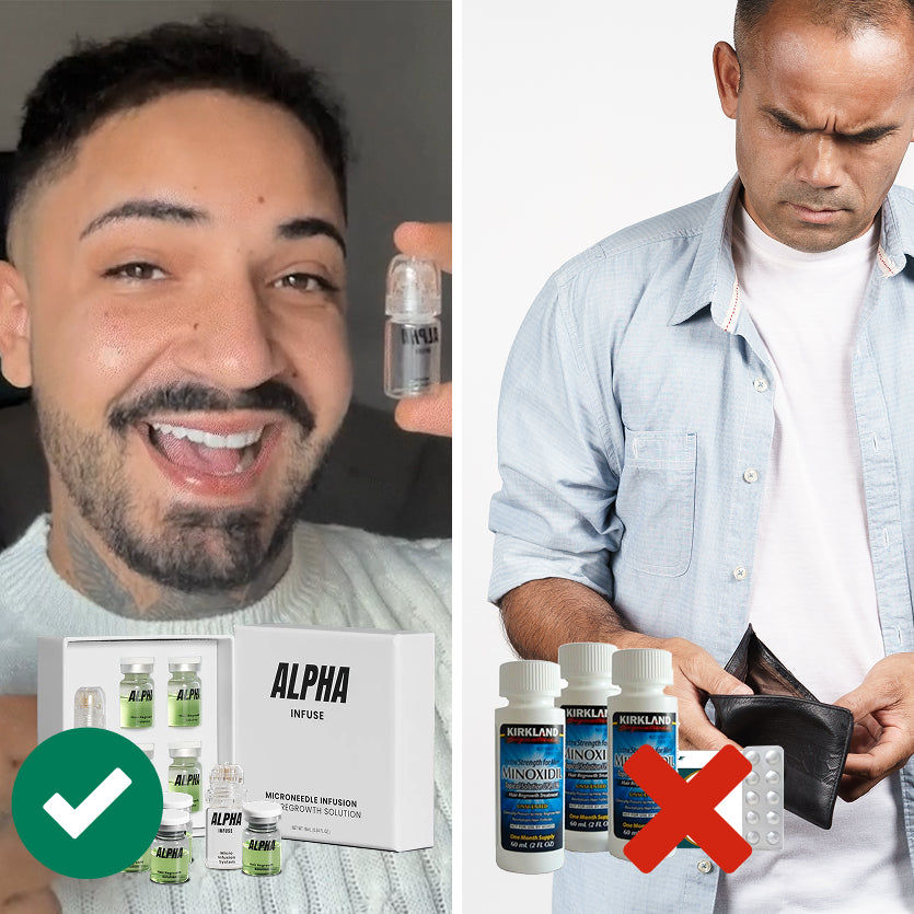 Split image: man smiling with product on left, concerned man with wallet and products on right.