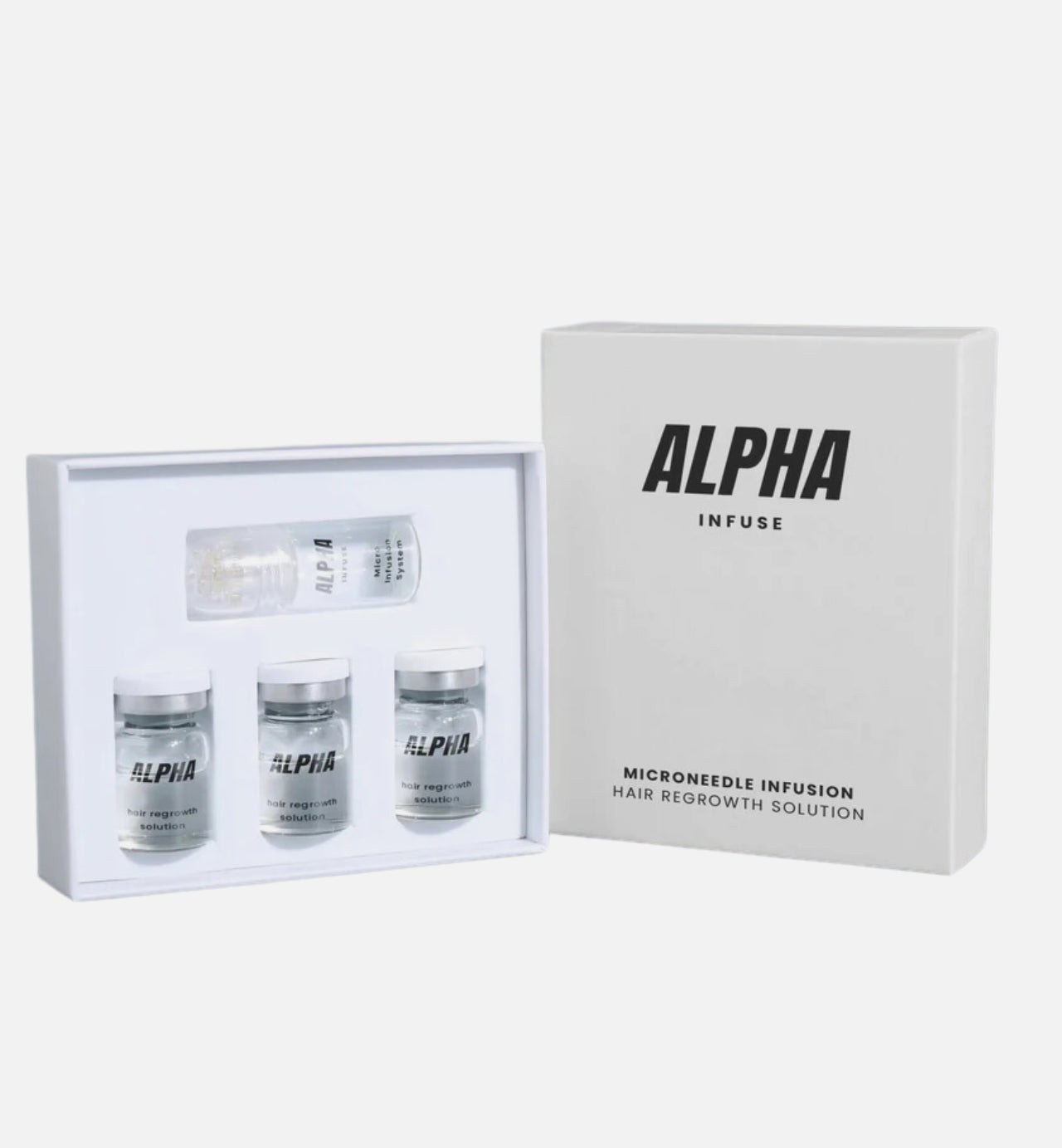 Box containing Alpha hair regrowth solution bottles and microneedle infusion tool.